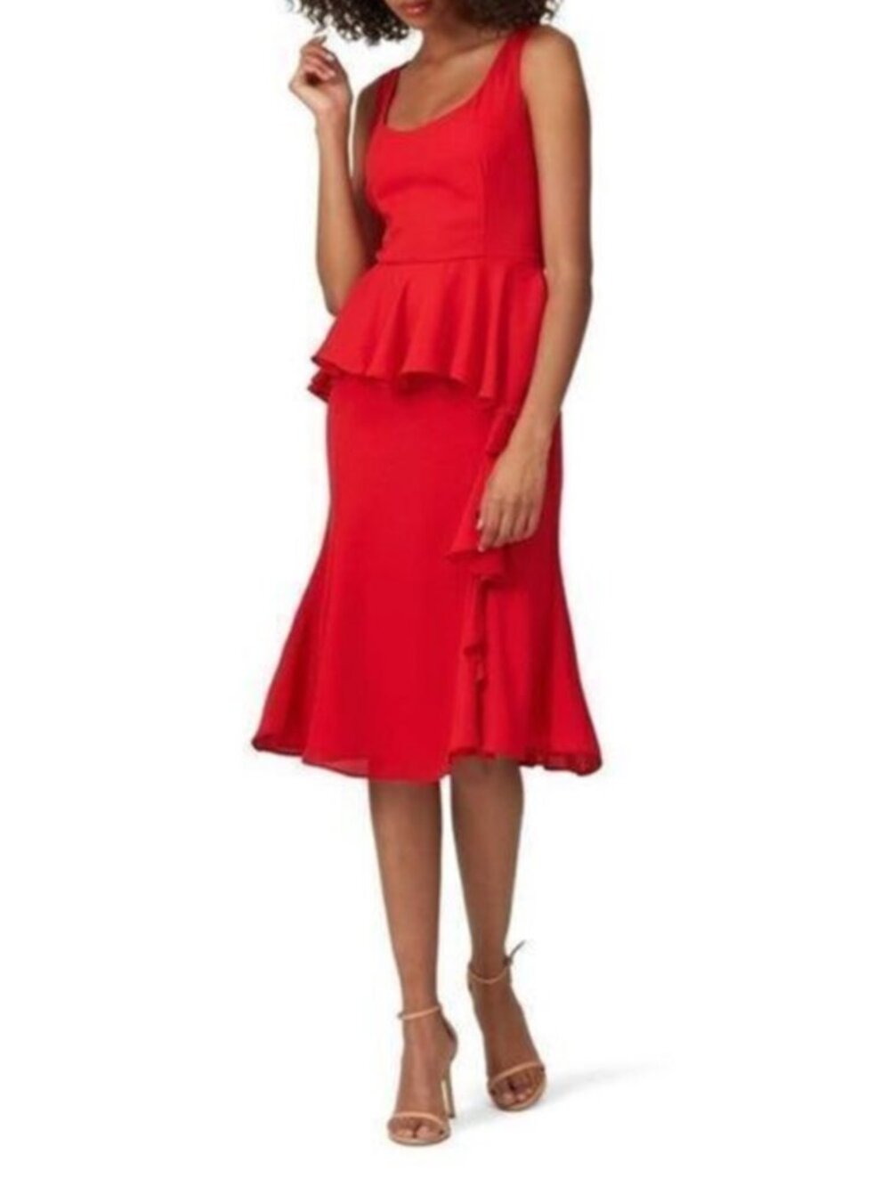 Prabal Gurung Cherry Red Ruffled Cocktail Sheath Midi Dress in Women's 14